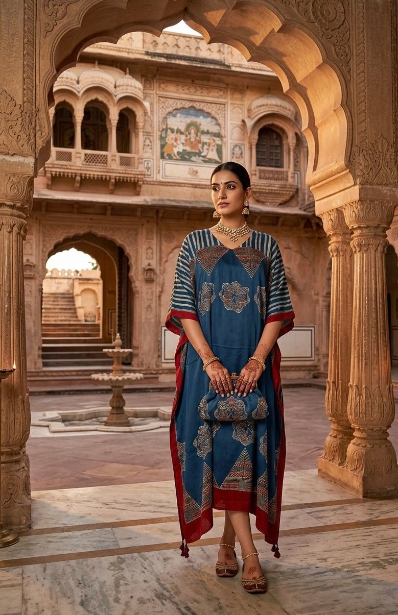 Neela Ghar Style Guide : How to Style a Block Print Modal Silk Kaftan for Summer Weddings - Neela Ghar