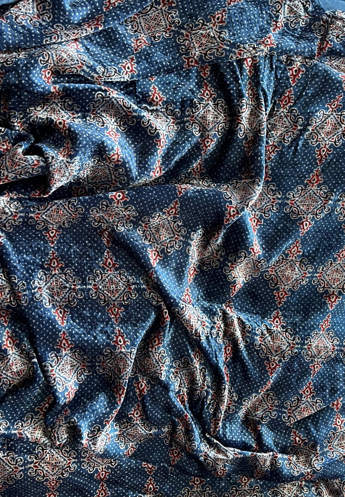 Indigo Jalli Velvet Natural Dyed Hand Block Print Ajrakh Fabric