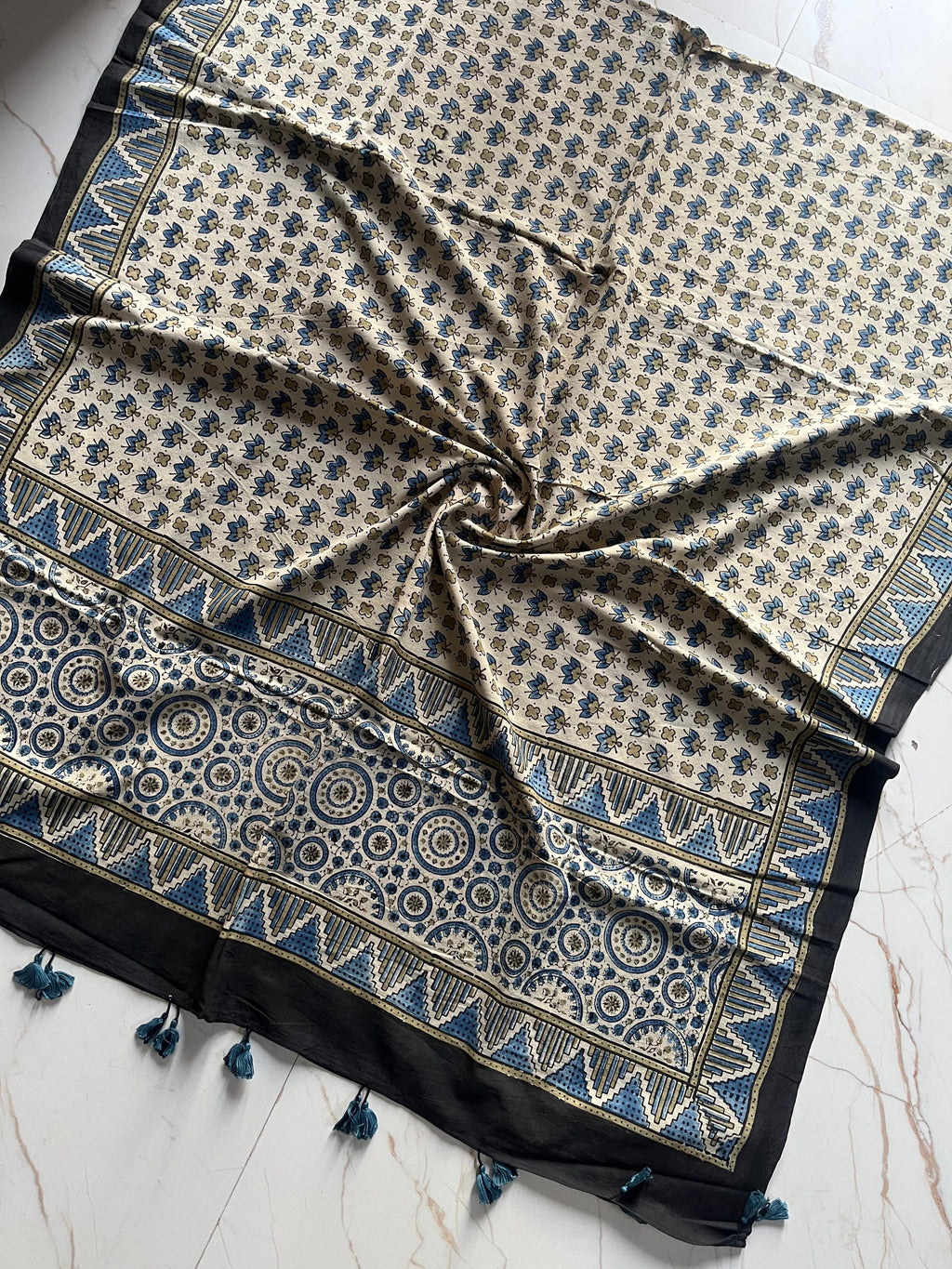 Ajrakh Hand Block Print Natural Dyed Cotton Dupatta With Tassels