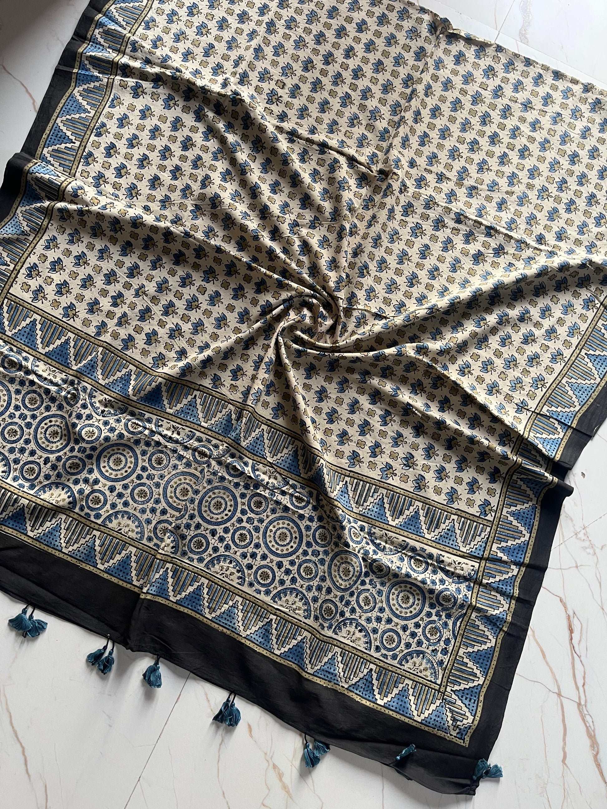 Ajrakh Hand Block Print Natural Dyed Cotton Dupatta With Tassels