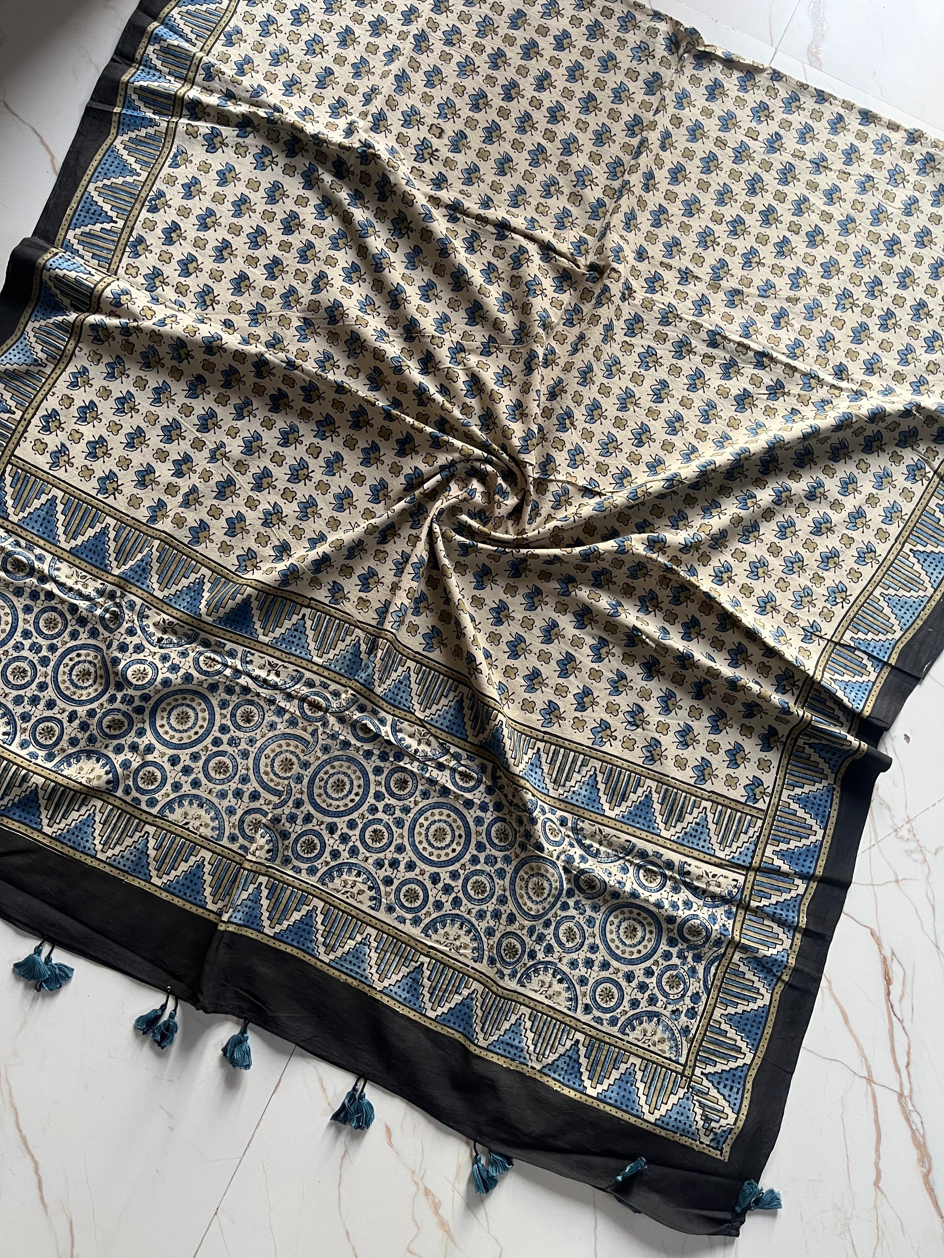 Ajrakh Hand Block Print Natural Dyed Cotton Dupatta With Tassels 107 - Neela Ghar