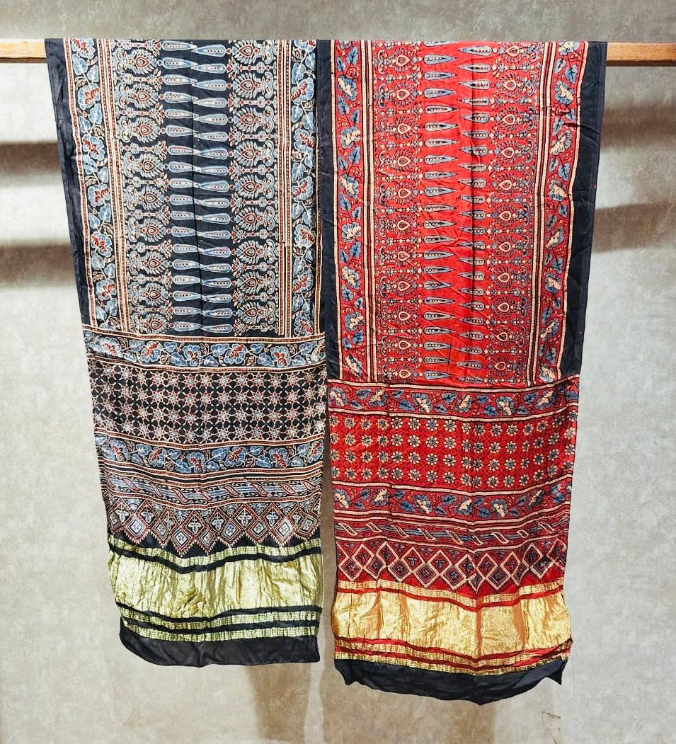 Black Hand Block Print Natural Dyed Modal Silk Ajrakh Stole with Lagdi Patta