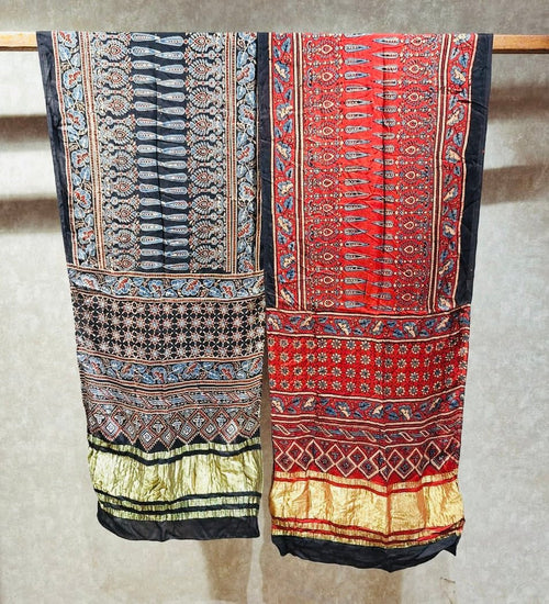 Mud Red Hand Block Print Natural Dyed Modal Silk Ajrakh Stole with Lagdi Patta - Neela Ghar