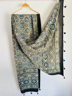 Ajrakh Hand Block Print Natural Dyed Cotton Dupatta With Tassels 101 - Neela Ghar