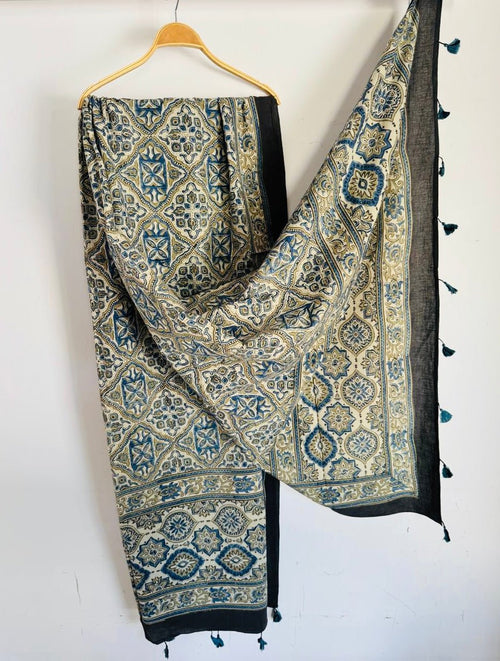 Ajrakh Hand Block Print Natural Dyed Cotton Dupatta With Tassels 101 - Neela Ghar