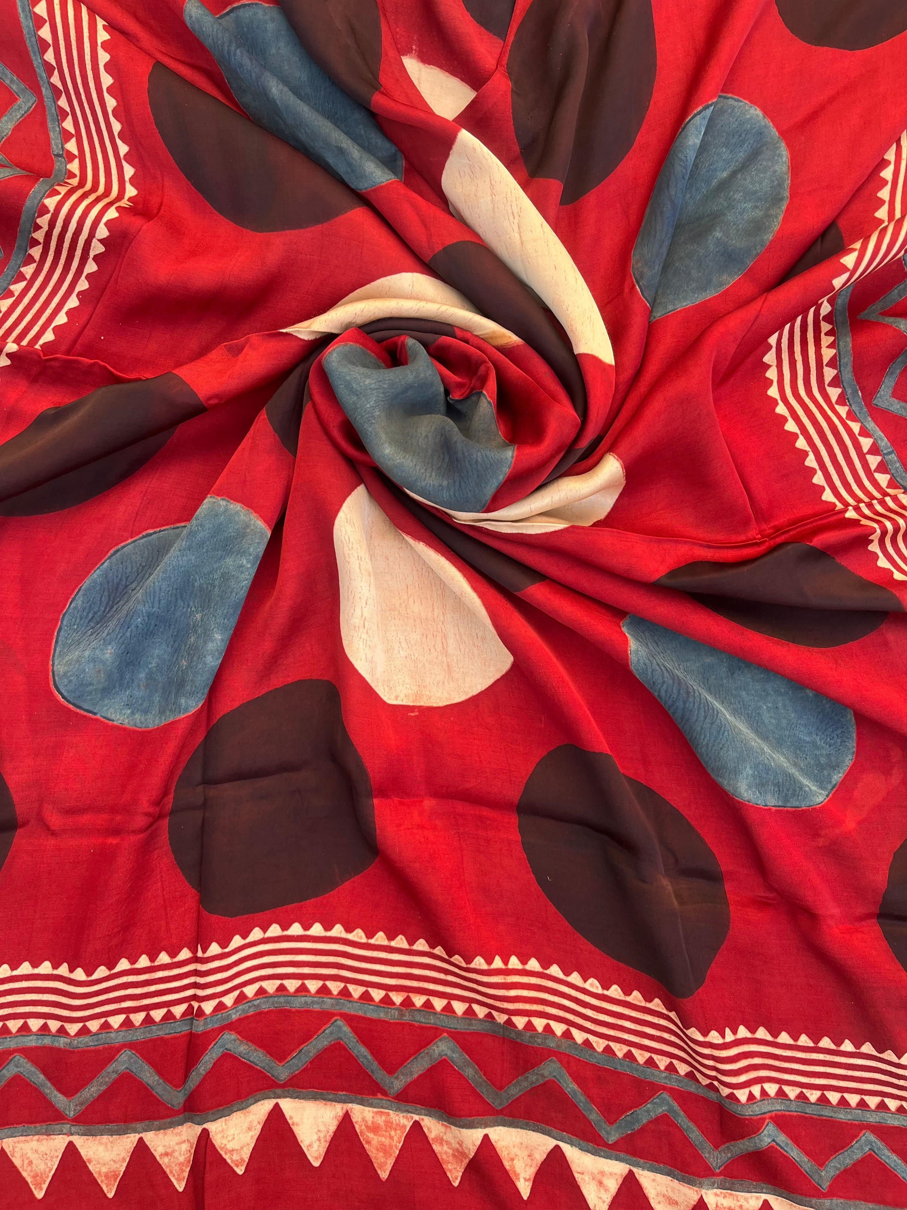 Mud Red Ajrakh Handblock Multi Circle Kaftan - Neela Ghar