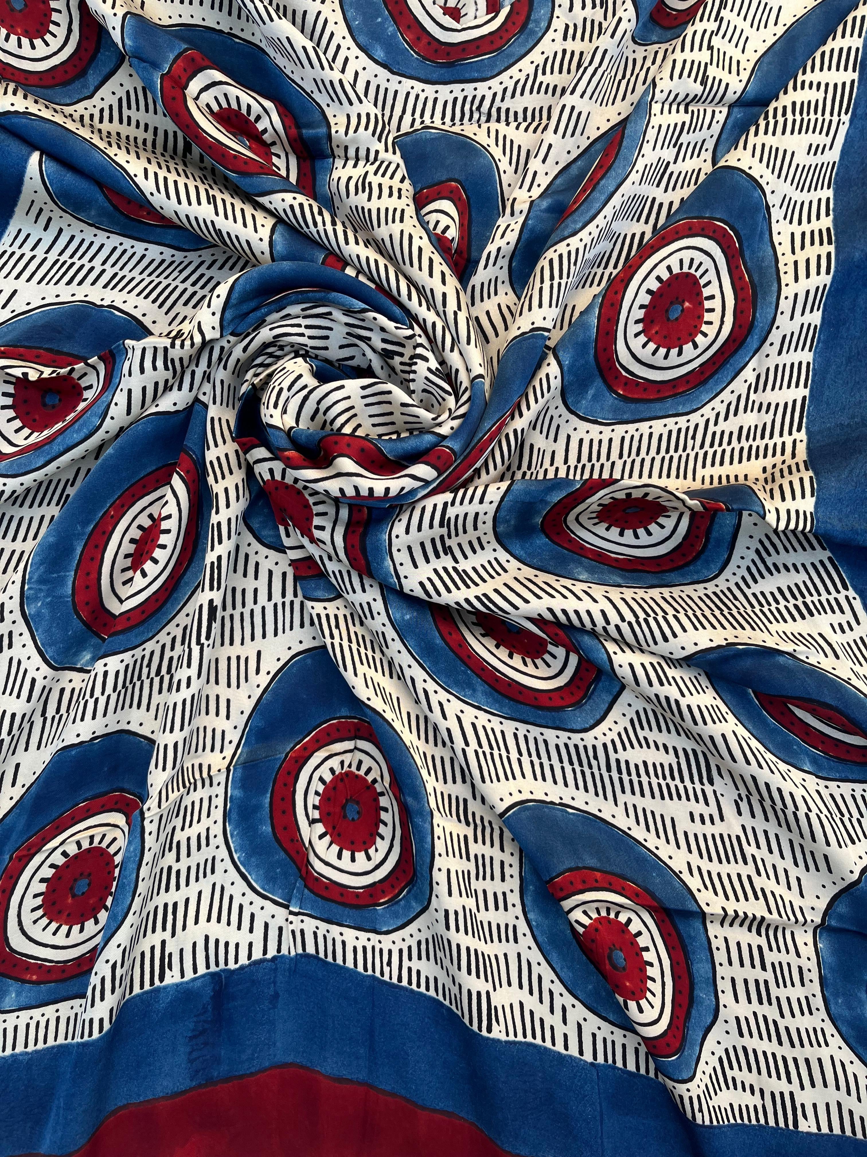 Classic White Evil Eye Ajrakh Handblock Kaftan - Neela Ghar