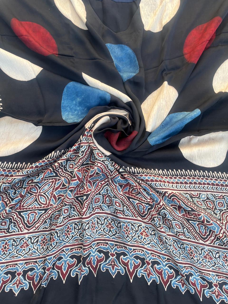 Black Multi Color Moon Ajrakh Handblock Kaftan - Neela Ghar