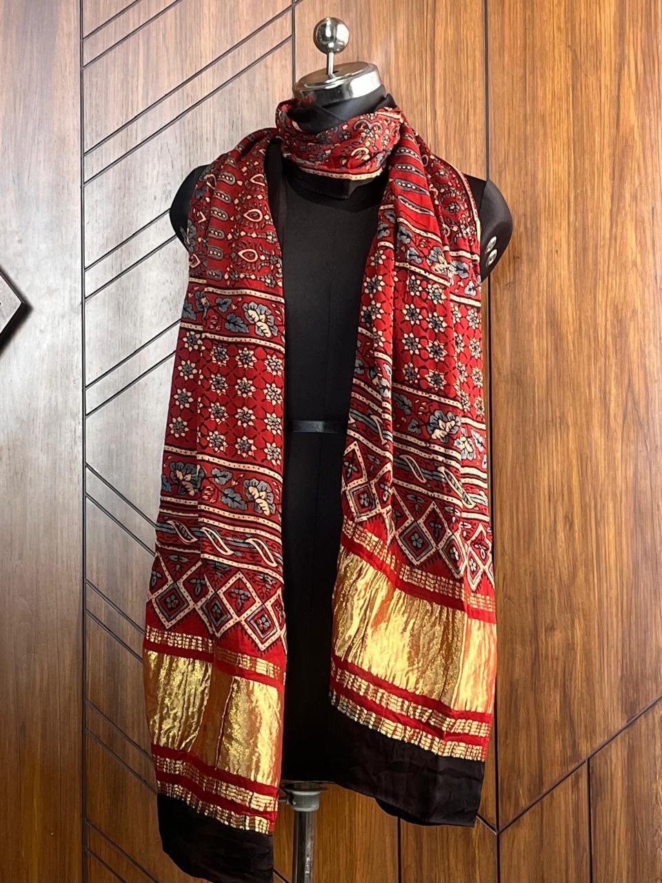 Mud Red Hand Block Print Natural Dyed Modal Silk Ajrakh Stole with Lagdi Patta
