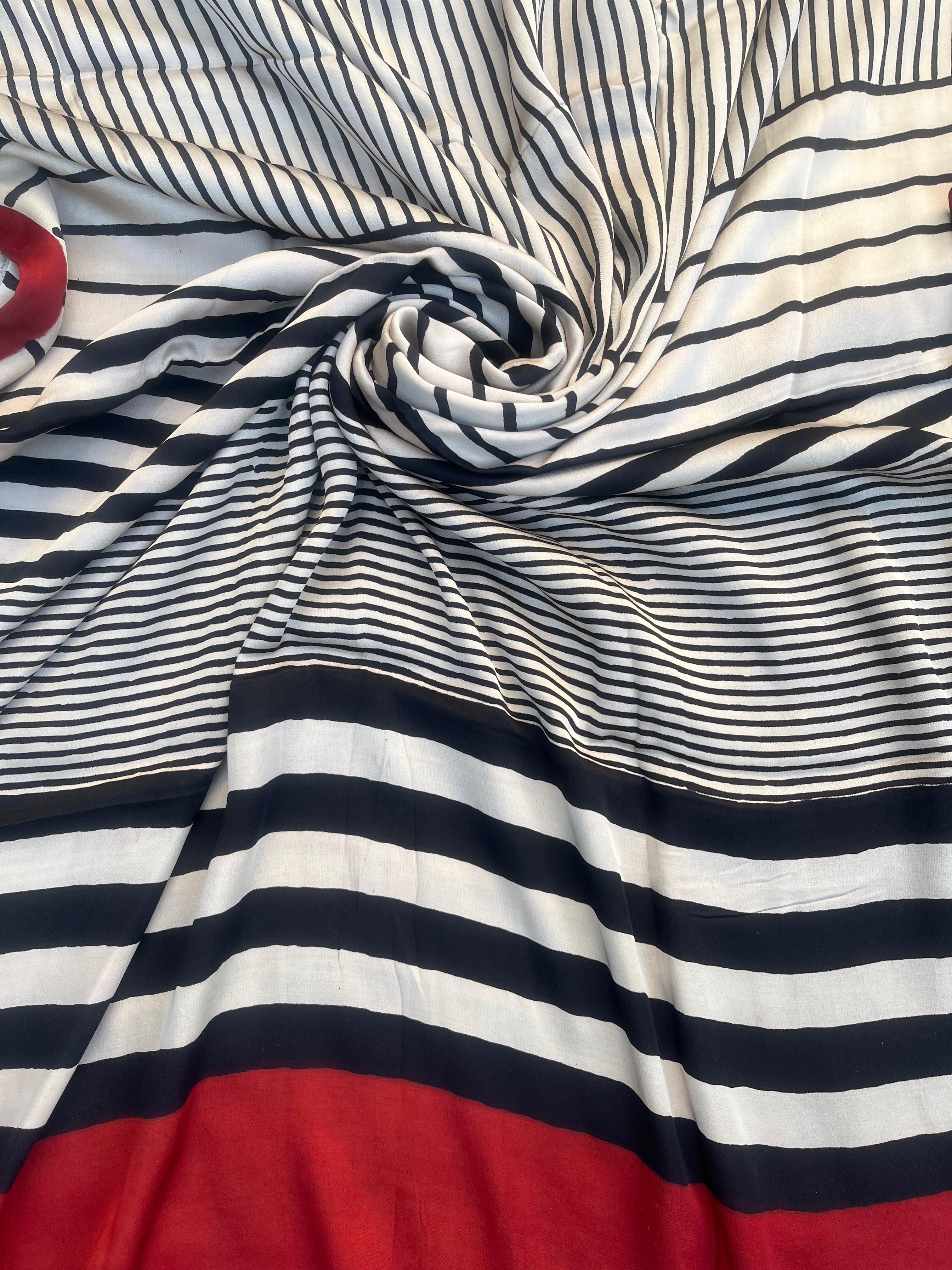 Black Red Uneven Stripes Ajrakh Handblock Kaftan - Neela Ghar