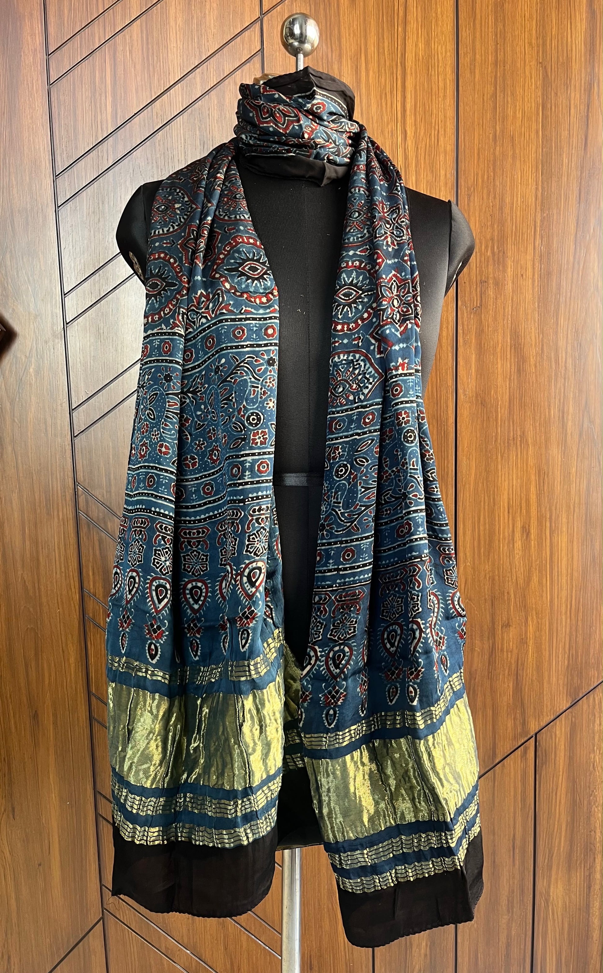 Indigo Signature Hand Block Print Natural Dyed Modal Silk Ajrakh Stole with Lagdi Patta