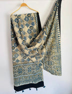 Ajrakh Hand Block Print Natural Dyed Cotton Dupatta With Tassels 105 - Neela Ghar