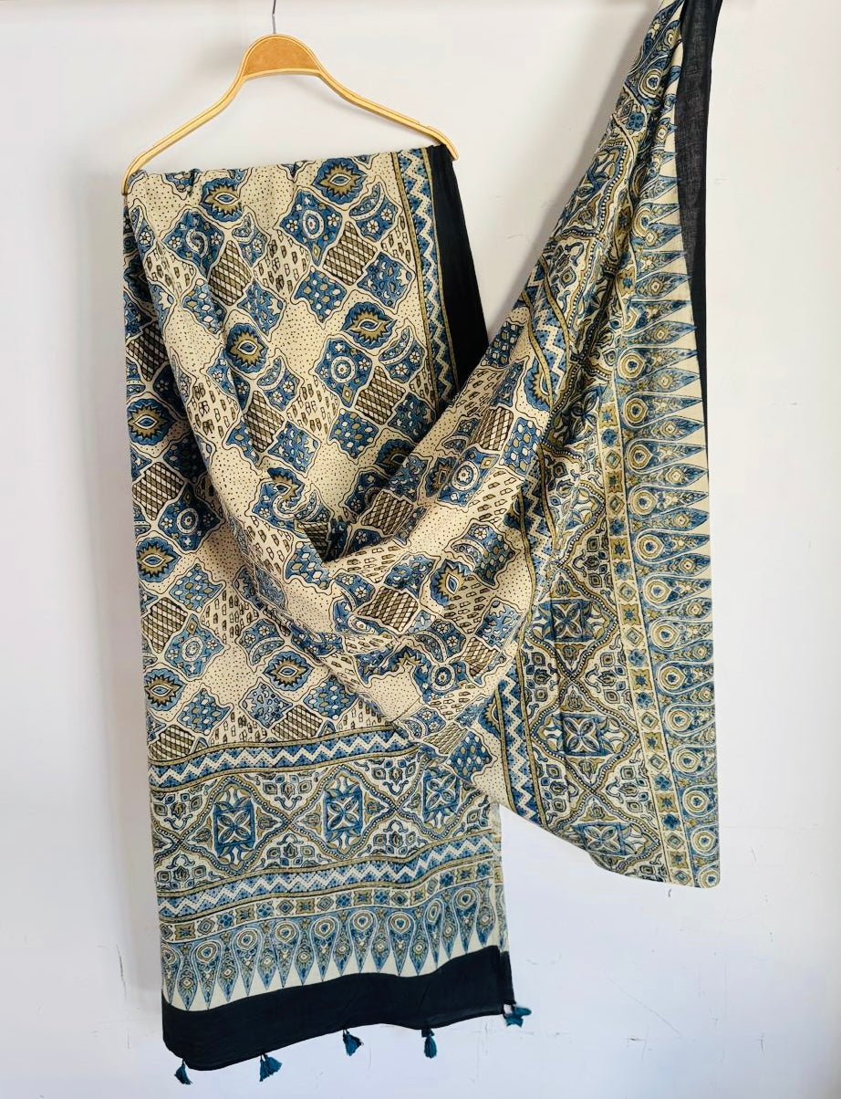 Ajrakh Hand Block Print Natural Dyed Cotton Dupatta With Tassels