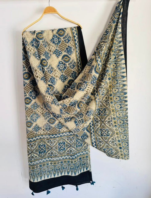 Ajrakh Hand Block Print Natural Dyed Cotton Dupatta With Tassels 105 - Neela Ghar