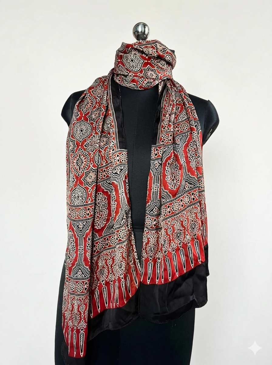 Ajrakh Modal Silk Handblock Printed Stole