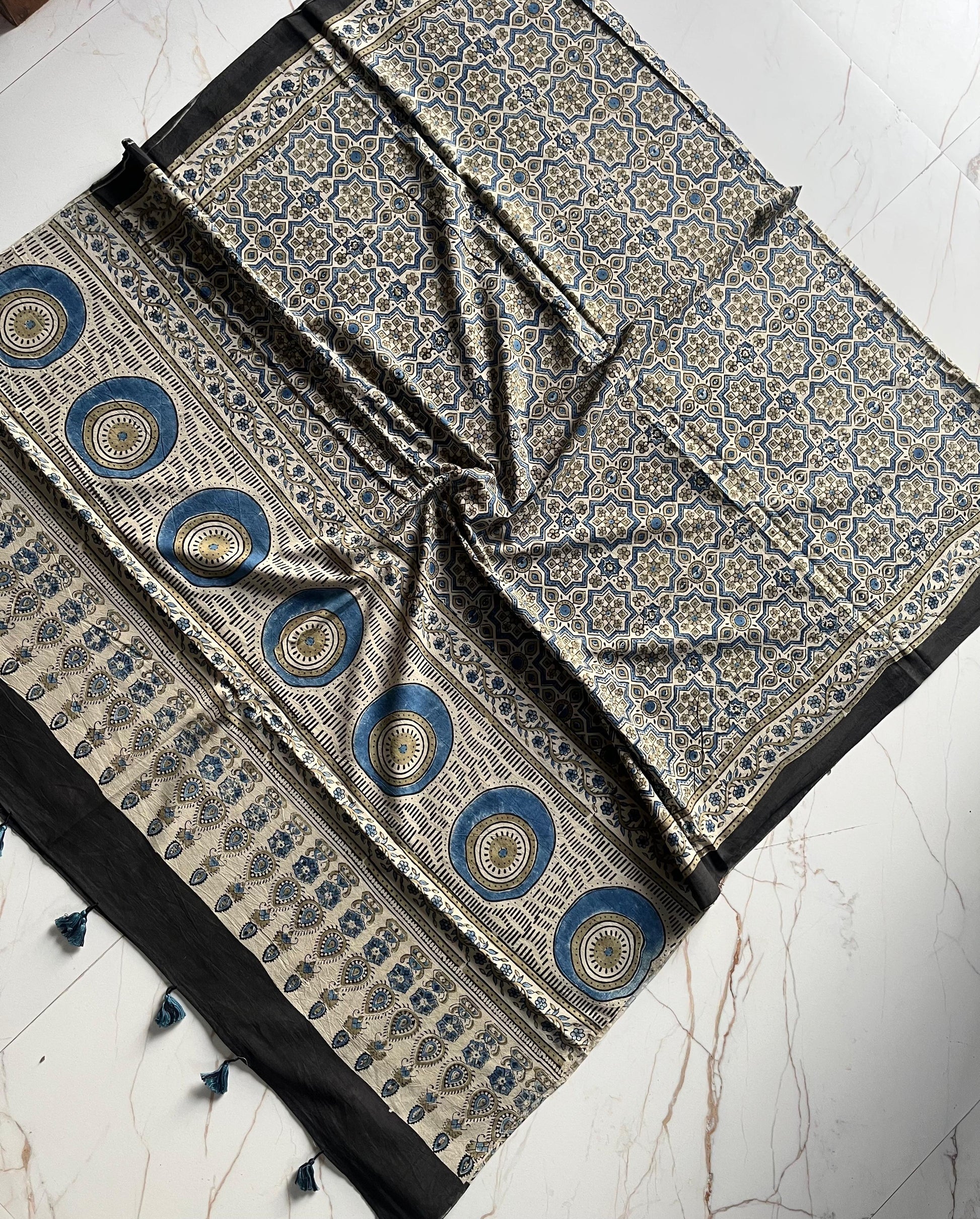Ajrakh Hand Block Print Natural Dyed Cotton Dupatta With Tassels