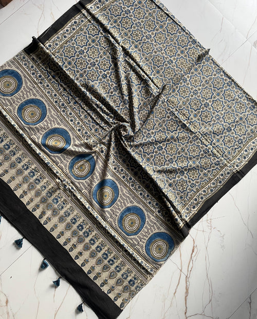 Ajrakh Hand Block Print Natural Dyed Cotton Dupatta With Tassels