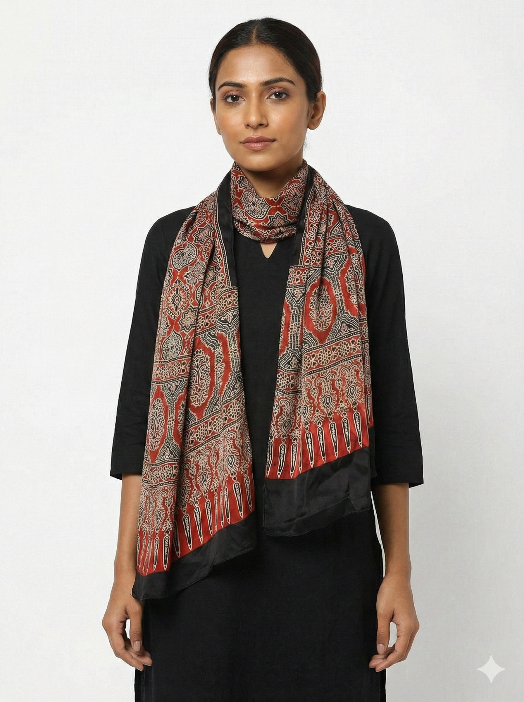 Ajrakh Modal Silk Handblock Printed Stole