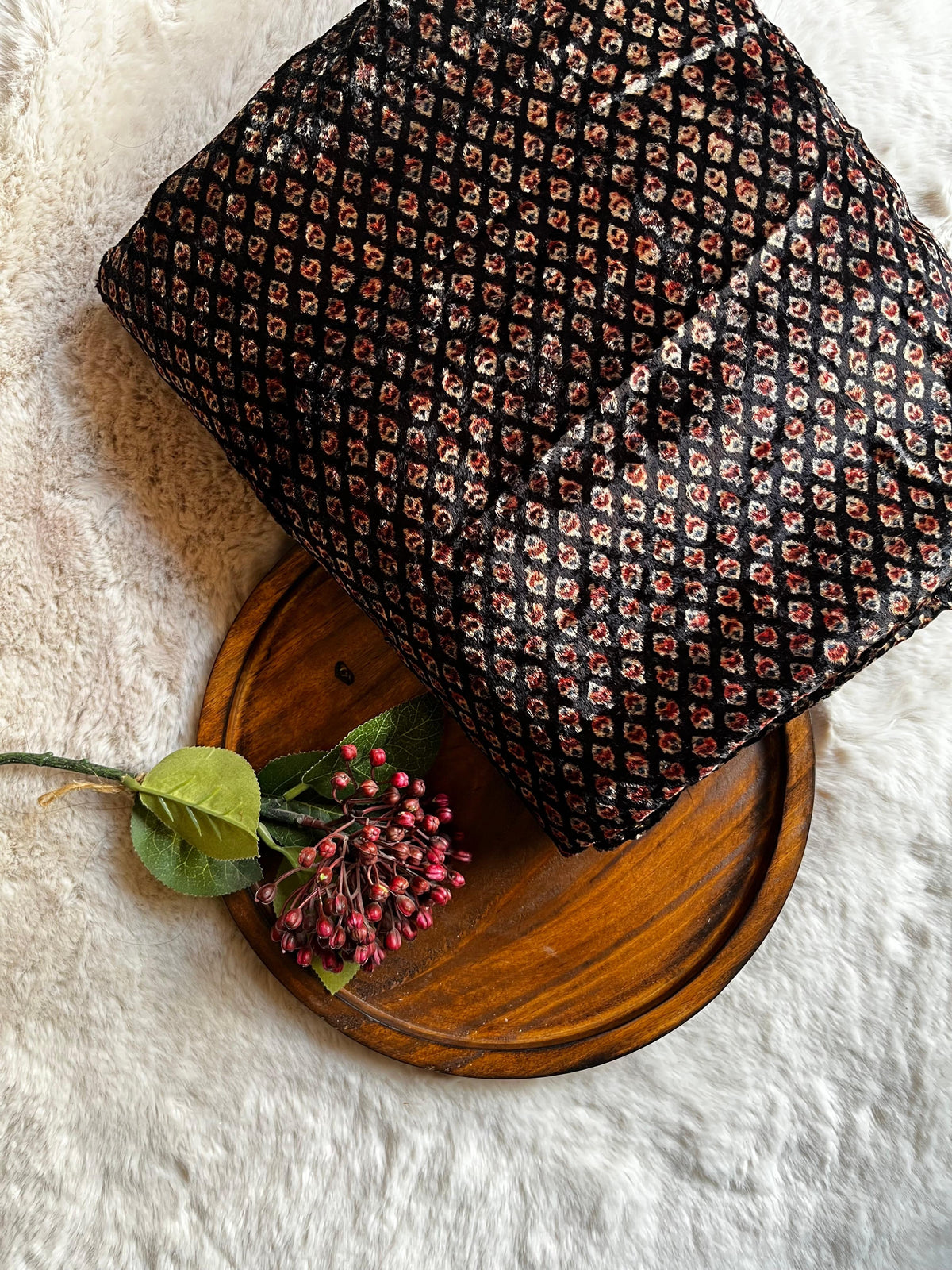 Black Bud Print Dyed Hand Block Ajrakh Velvet Fabric