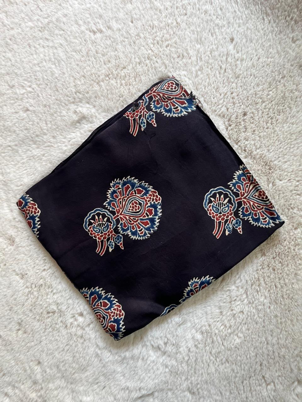 Black Art Floral Ajrakh Handblock Print Modalsilk Fabric