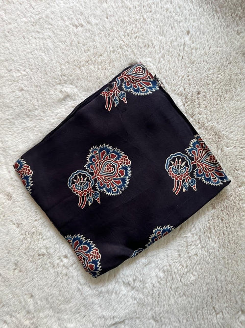 Black Art Floral Ajrakh Handblock Print Modalsilk Fabric - Neela Ghar