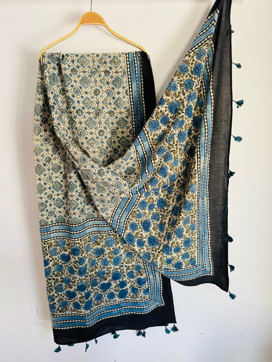 Ajrakh Hand Block Print Natural Dyed Cotton Dupatta With Tassels