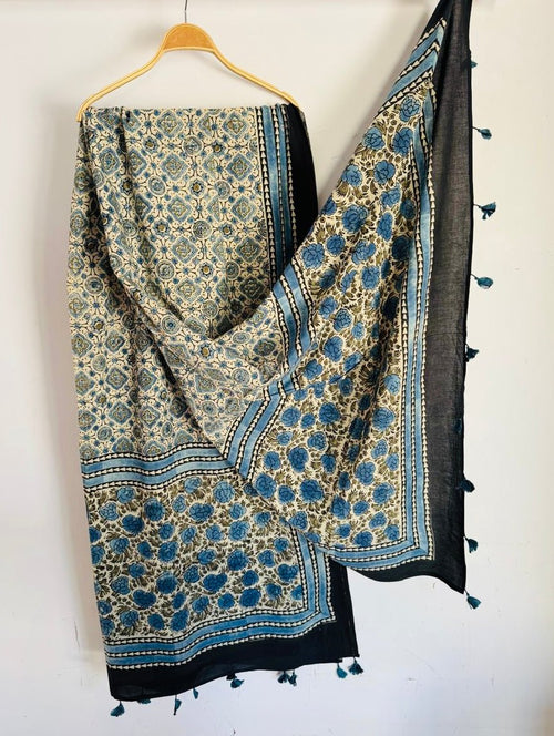 Ajrakh Hand Block Print Natural Dyed Cotton Dupatta With Tassels 110 - Neela Ghar