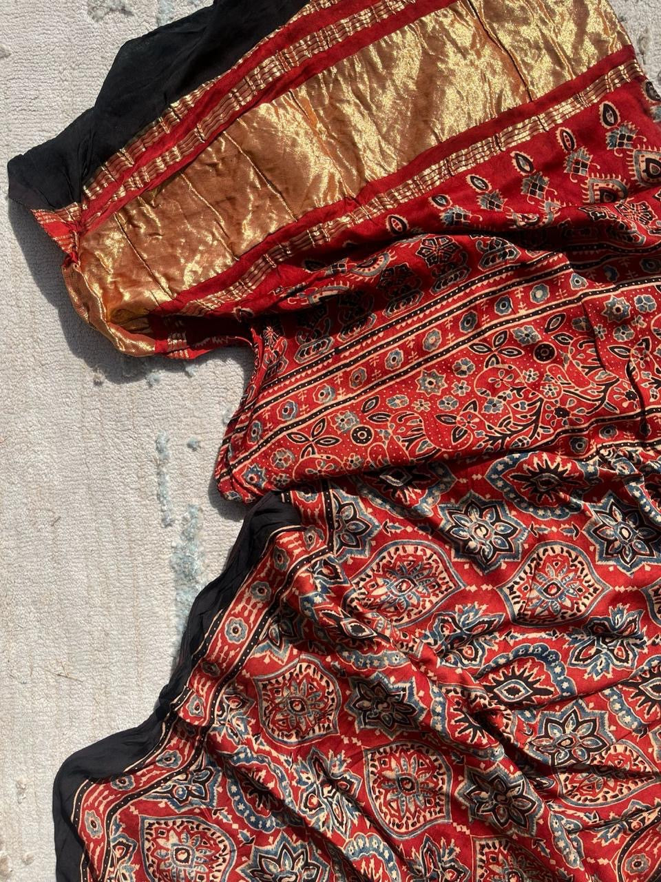 Mud Red Signature Hand Block Print Natural Dyed Modal Silk Ajrakh Stole with Lagdi Patta