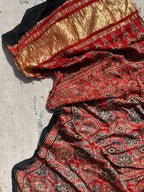 Mud Red Signature Hand Block Print Natural Dyed Modal Silk Ajrakh Stole with Lagdi Patta - Neela Ghar