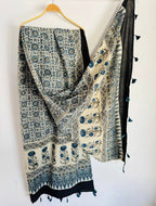 Off-White Natural Ajrakh Hand Block Print Cotton Dupatta with Tassels 114 - Neela Ghar