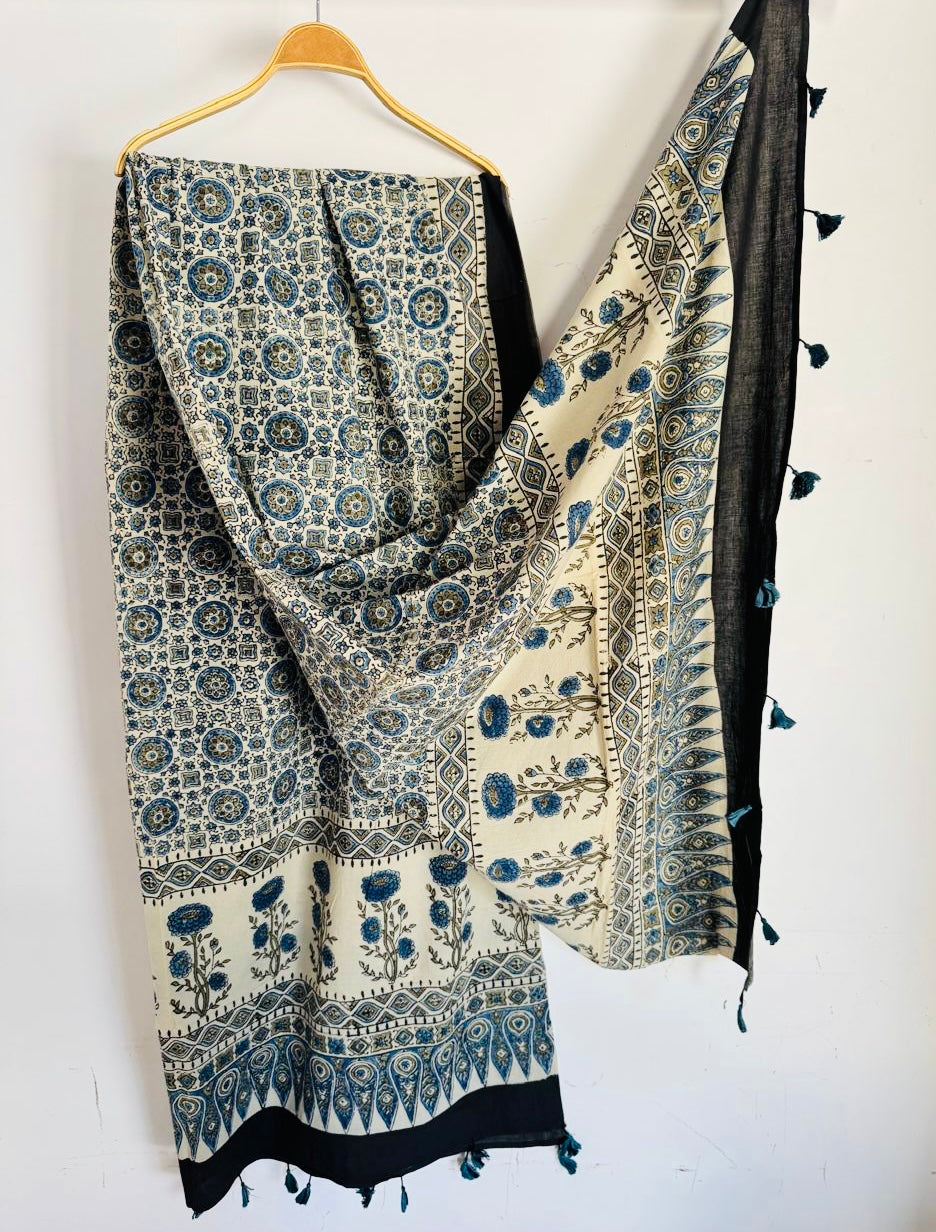 Ajrakh Hand Block Print Natural Dyed Cotton Dupatta With Tassels