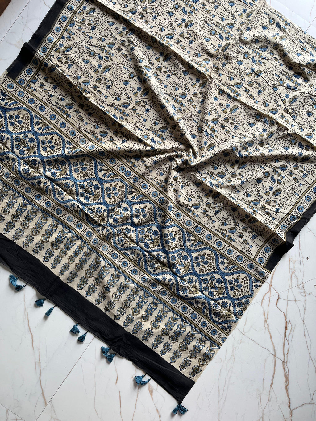 Ajrakh Hand Block Print Natural Dyed Cotton Dupatta With Tassels