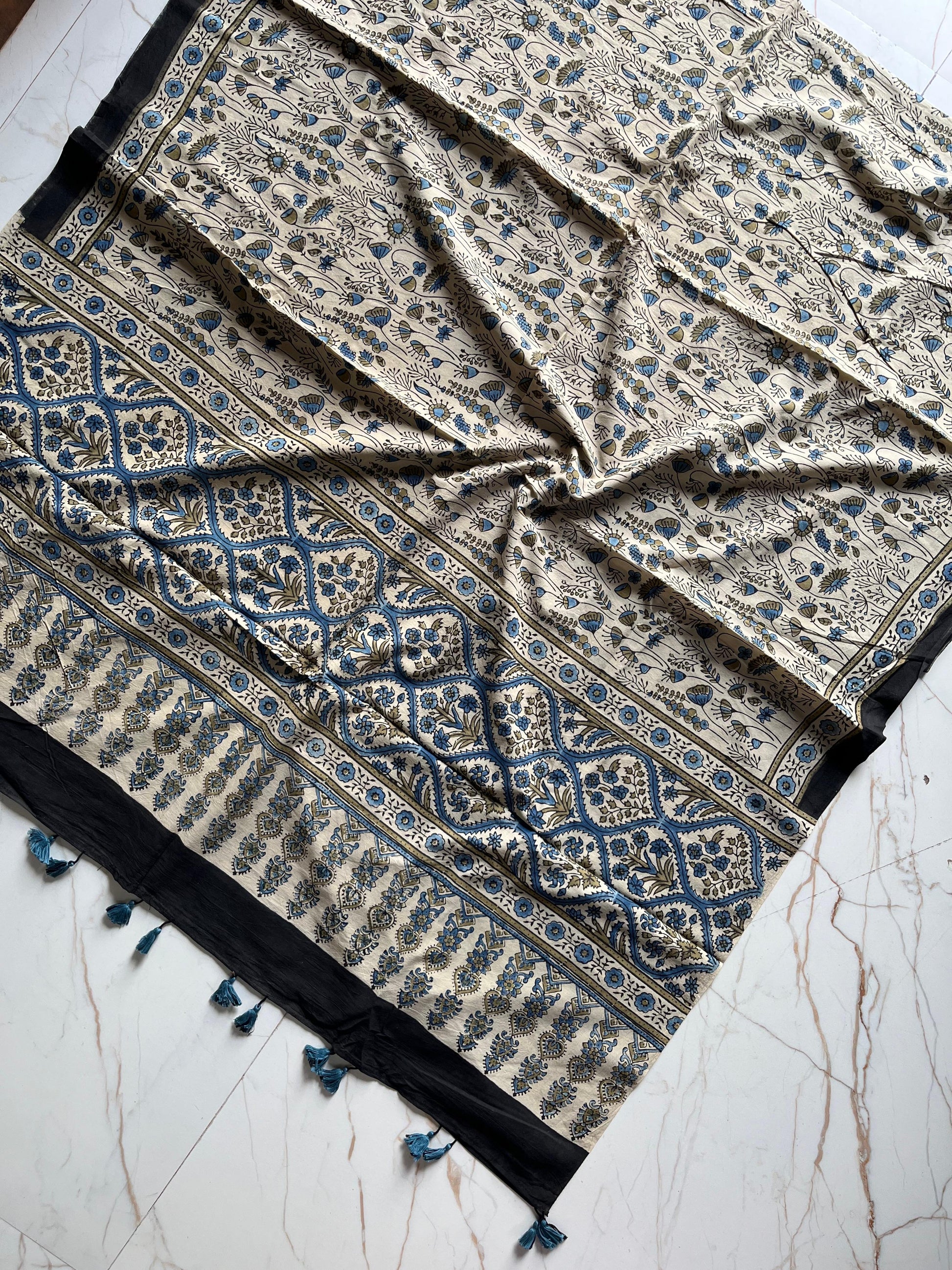 Ajrakh Hand Block Print Natural Dyed Cotton Dupatta With Tassels