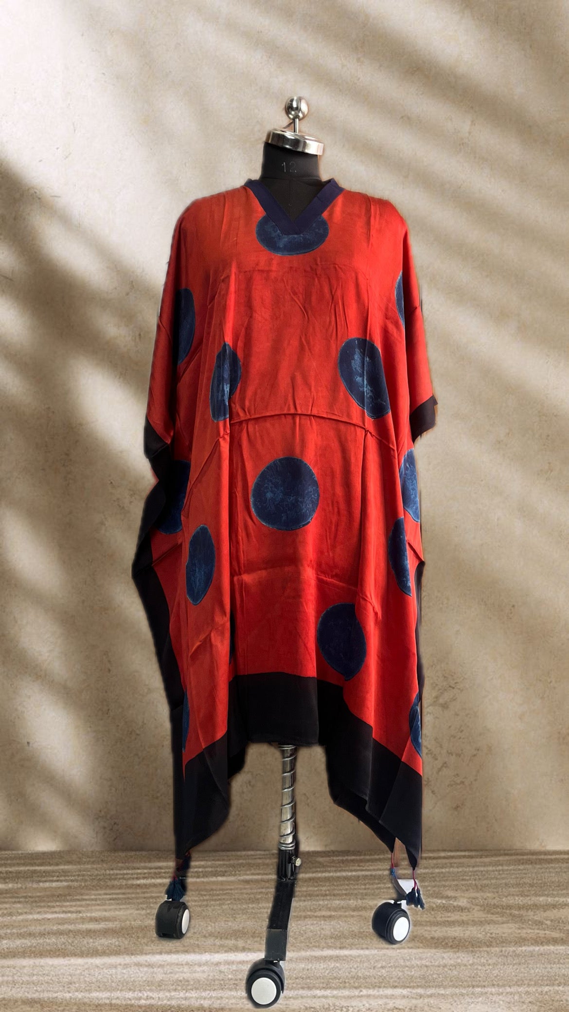 Rust Red/Indigo Polka Ajrakh Handblock Circle Kaftan Dress with Blue V-Collar Patti