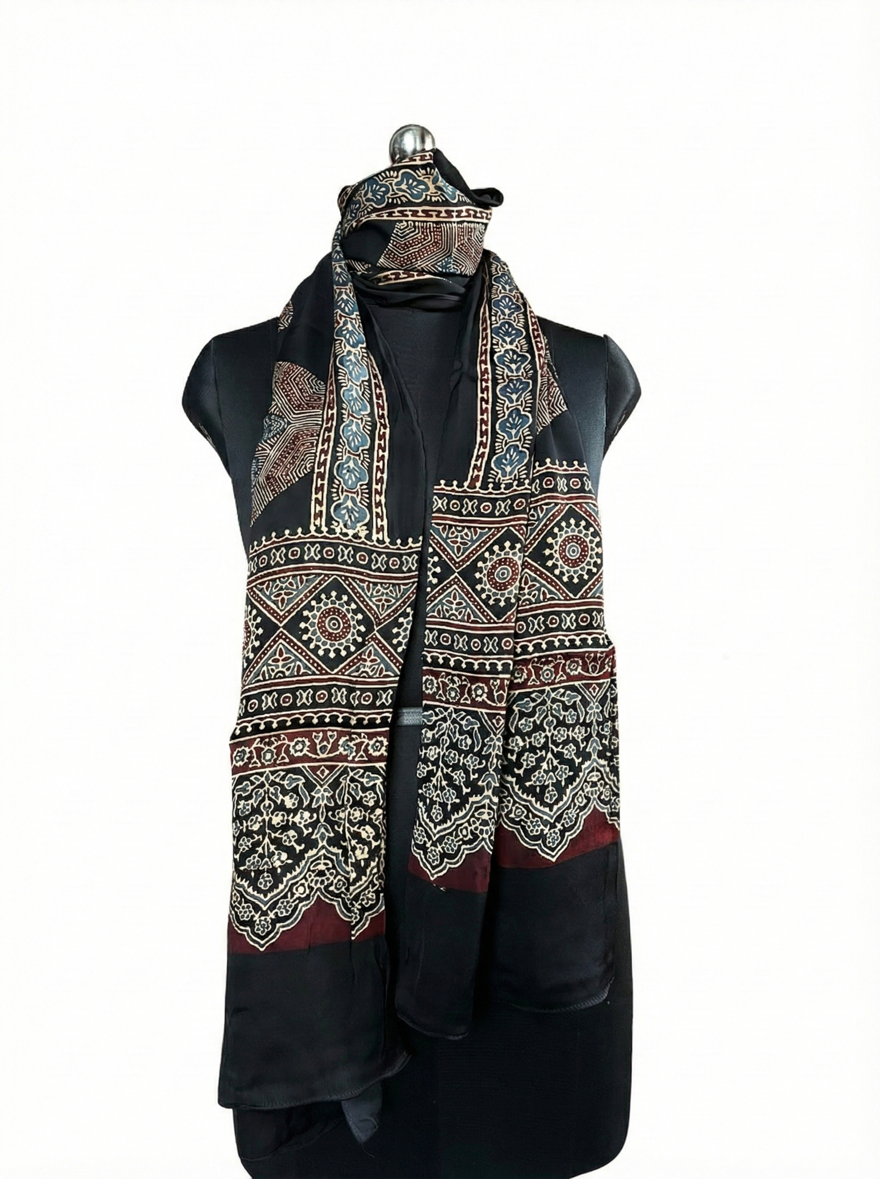 Ajrakh Modal Silk Handblock Printed Stole