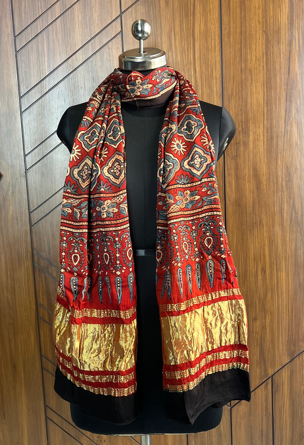 Hand Block Print Natural Dyed Modal Silk Ajrakh Stole with Lagdi Patta