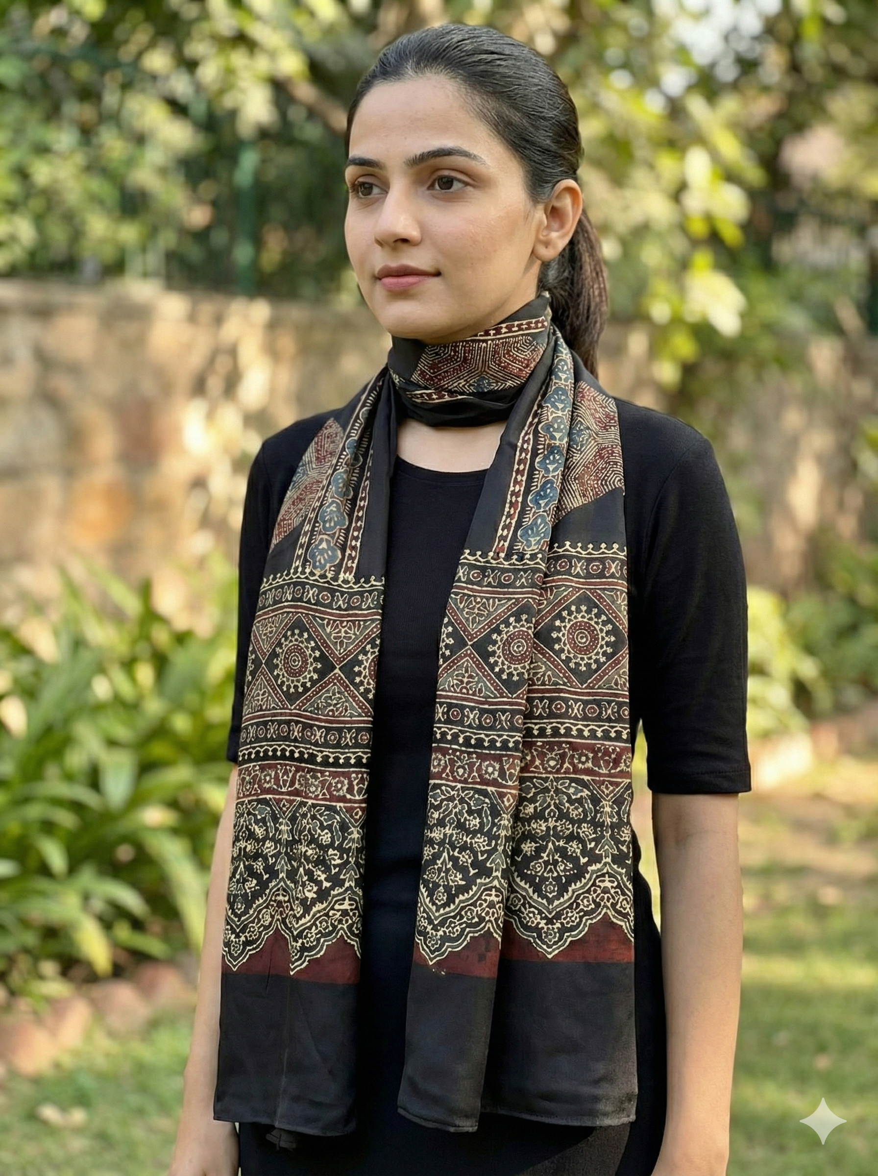 Ajrakh Modal Silk Handblock Printed Stole