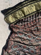 Black Signature Hand Block Print Natural Dyed Modal Silk Ajrakh Stole with Lagdi Patta - Neela Ghar