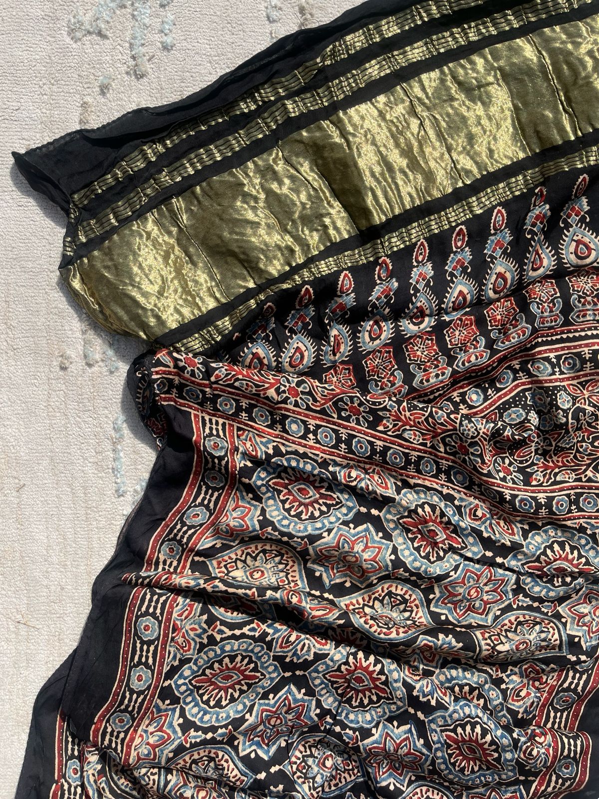 Black Signature Hand Block Print Natural Dyed Modal Silk Ajrakh Stole with Lagdi Patta