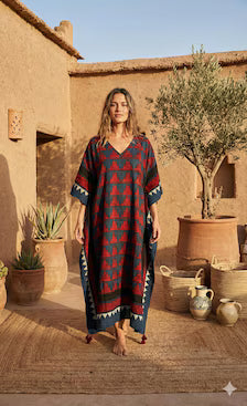 Hand Block Print Kaftan Dress, Modal Silk, Ajrakh Red Rustic Indigo Triangle, Free Size