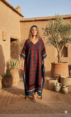 Hand Block Print Kaftan Dress, Modal Silk, Ajrakh Red Rustic Indigo Triangle, Free Size