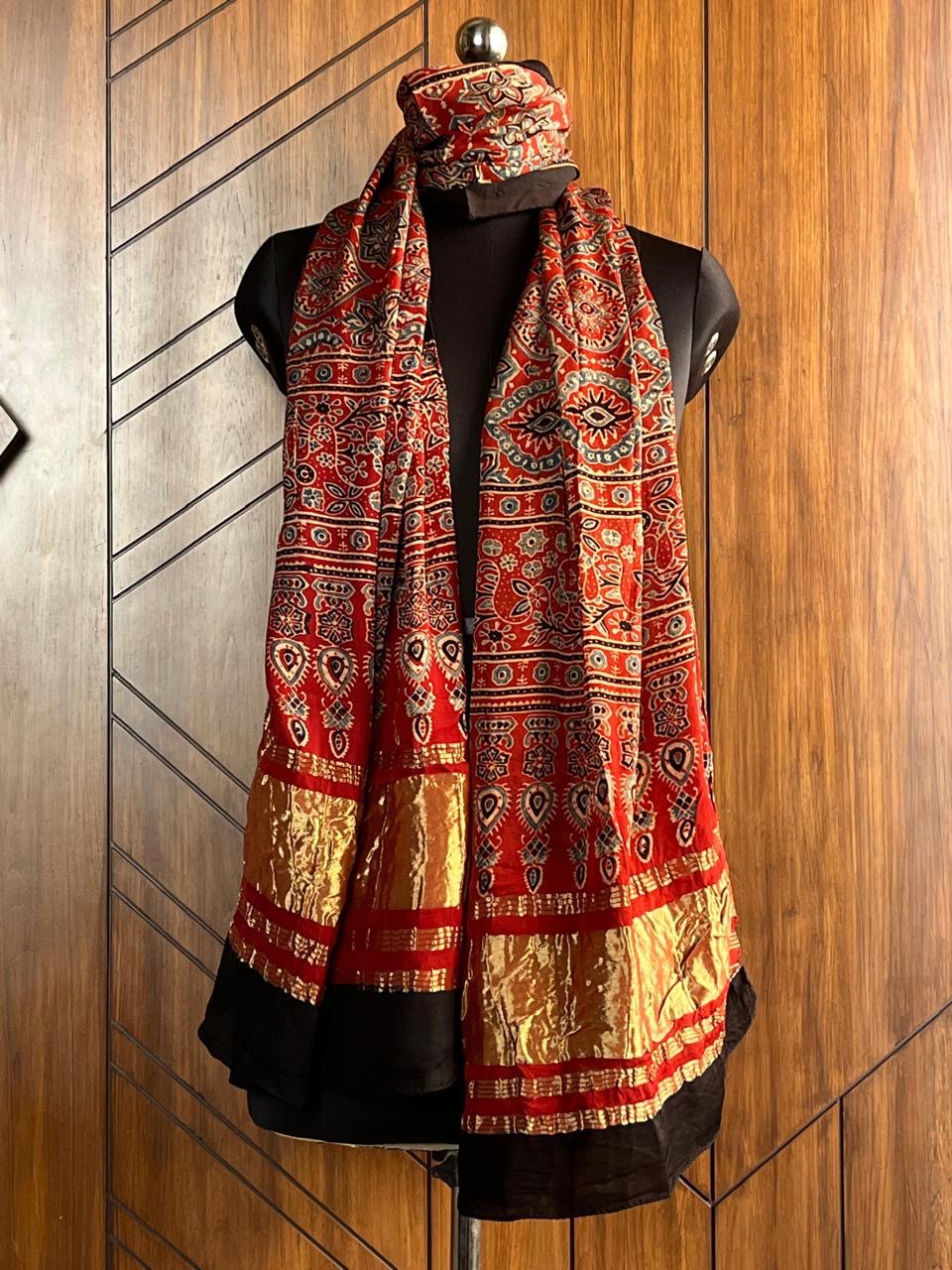 Mud Red Signature Hand Block Print Natural Dyed Modal Silk Ajrakh Stole with Lagdi Patta