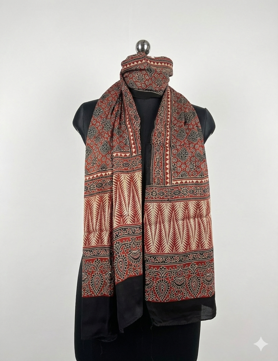 Ajrakh Modal Silk Handblock Printed Stole