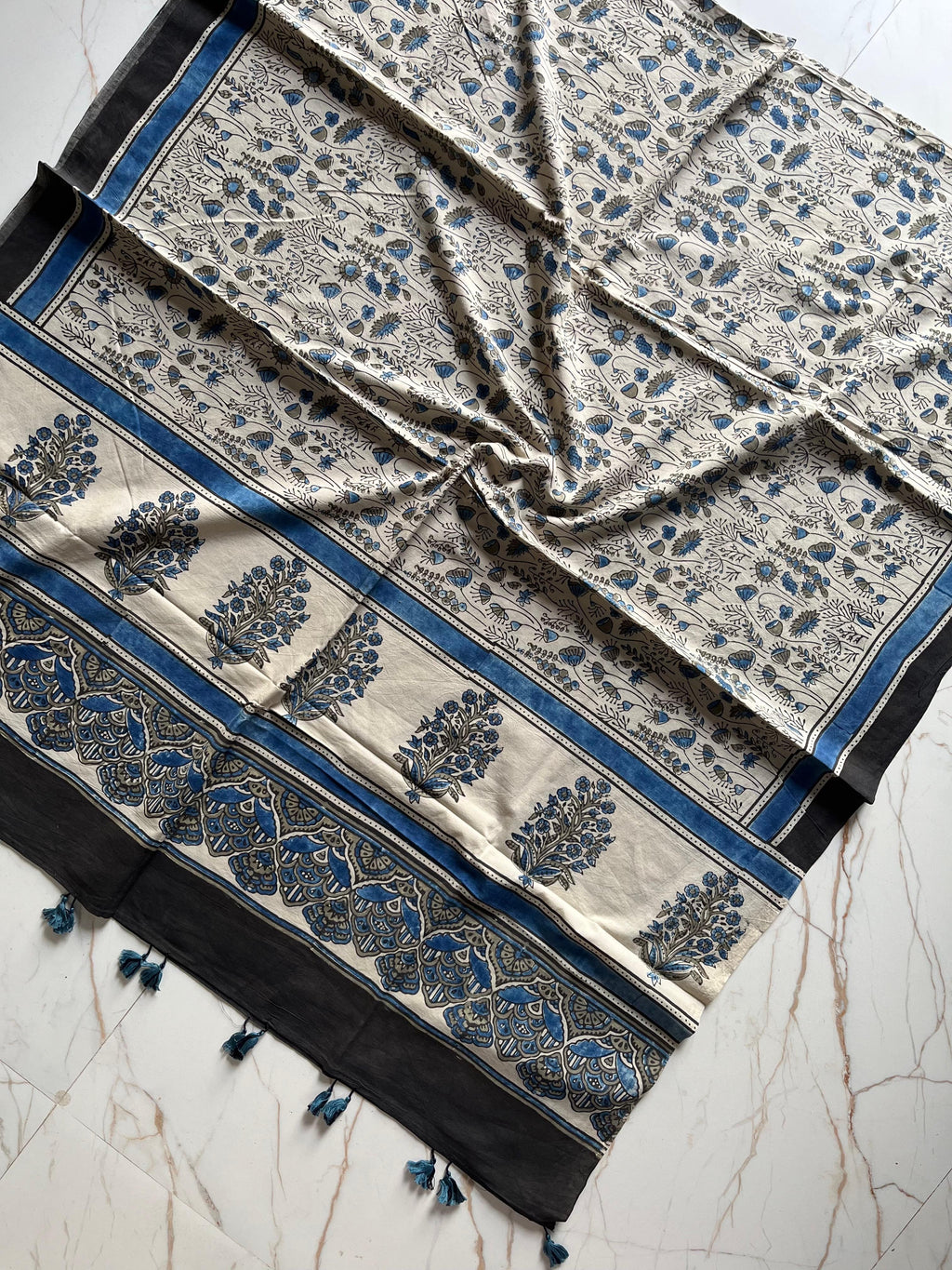 Ajrakh Hand Block Print Natural Dyed Cotton Dupatta With Tassels