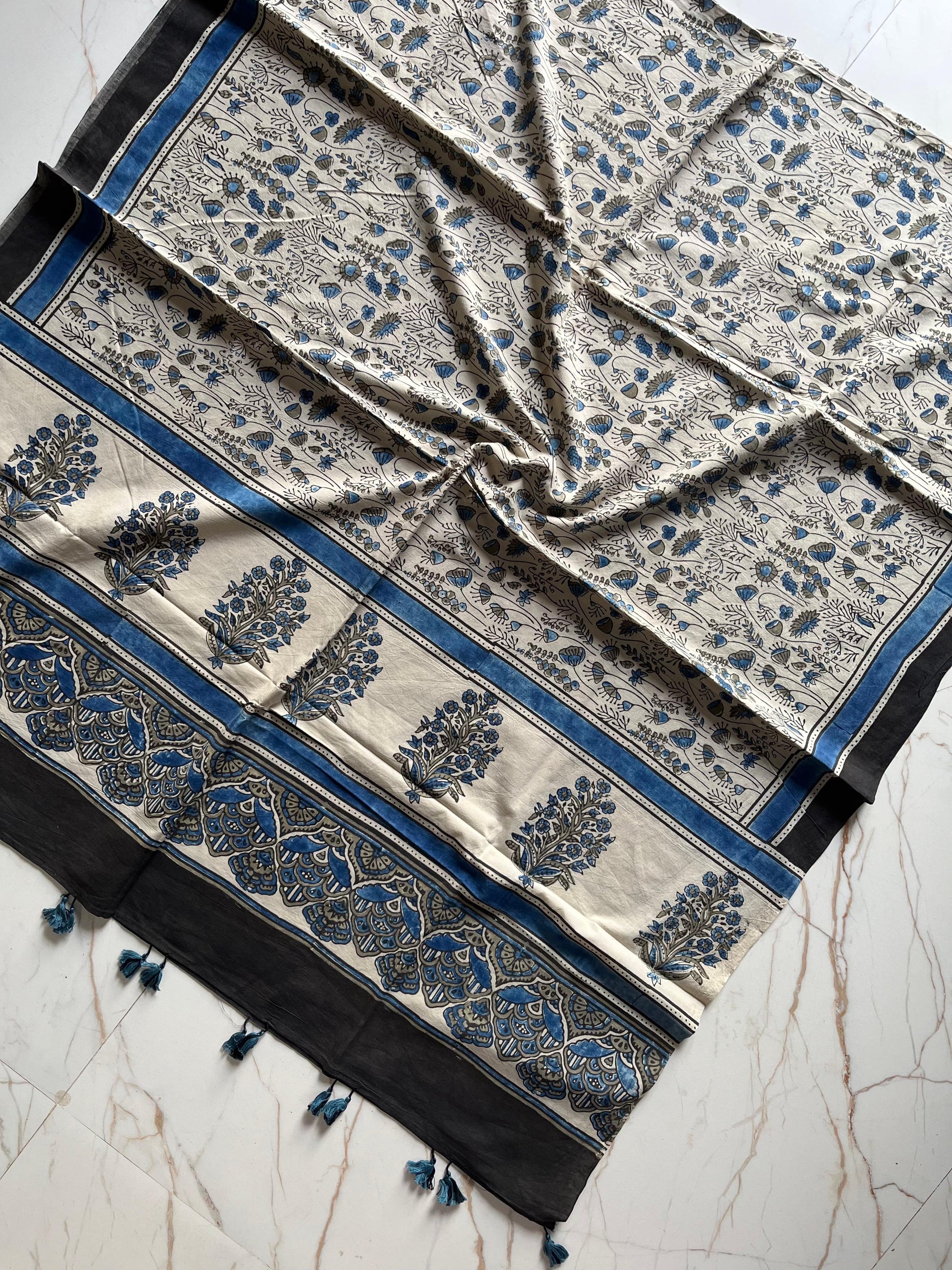 Ajrakh Hand Block Print Natural Dyed Cotton Dupatta With Tassels