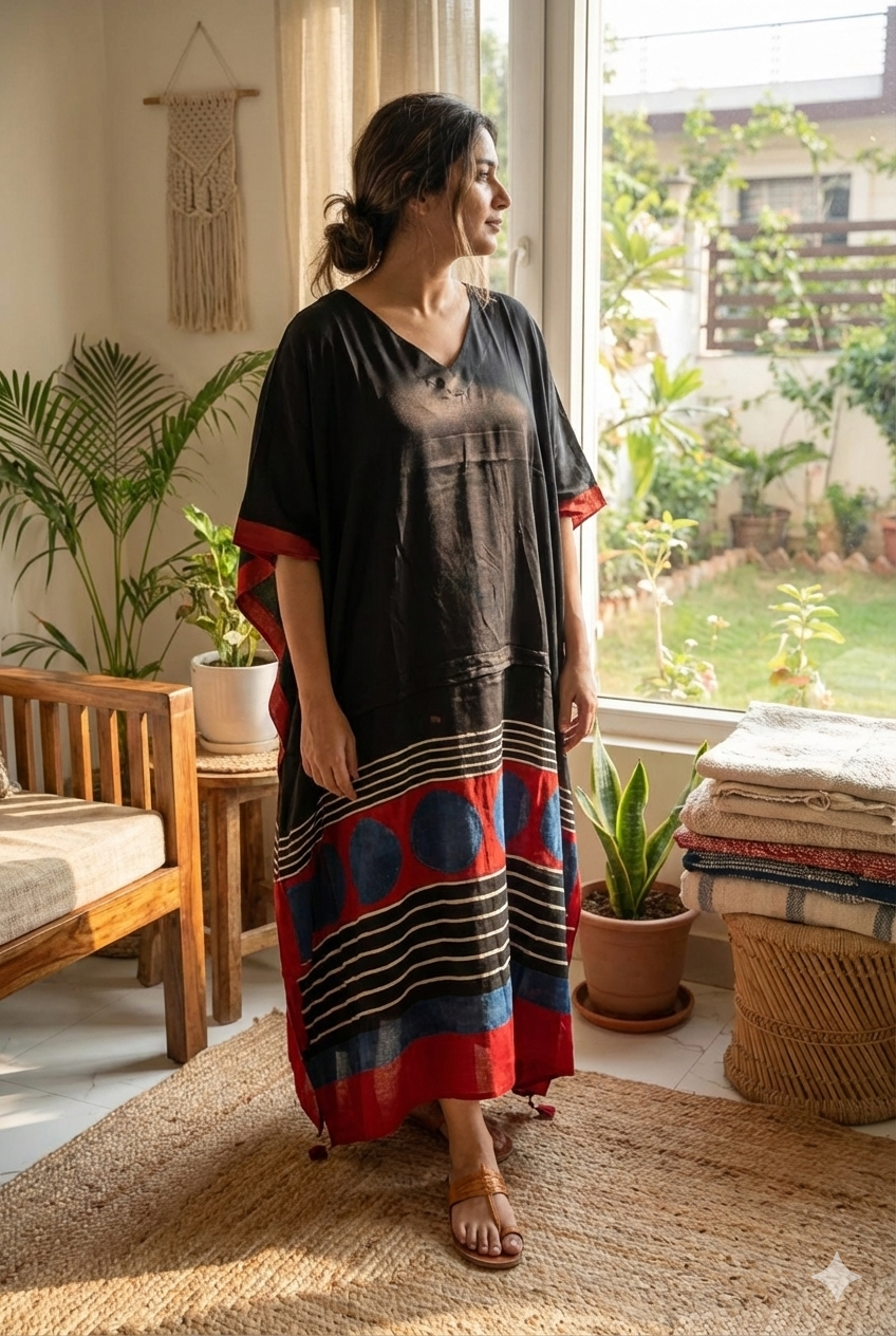 Black Hem Circle Ajrakh Handblock Kaftan