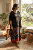 Black Hem Circle Ajrakh Handblock Kaftan - Neela Ghar
