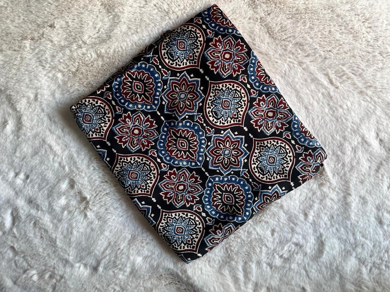 Black Signature Ajrakh Handblock Print Modalsilk Fabric