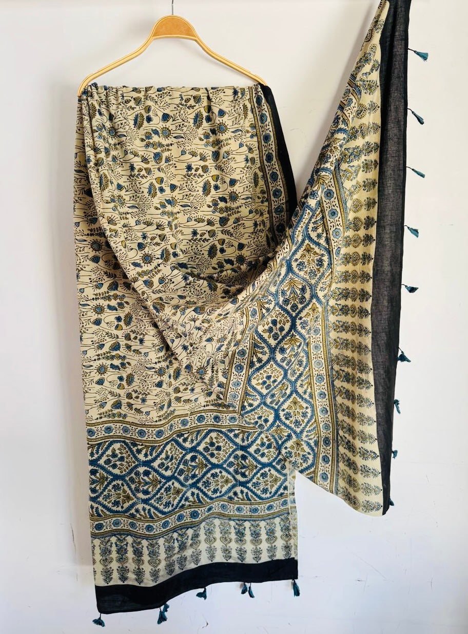 Ajrakh Hand Block Print Natural Dyed Cotton Dupatta With Tassels
