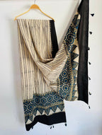 Ajrakh Hand Block Striped Print Natural Dyed Cotton Dupatta With Tassels 116 - Neela Ghar